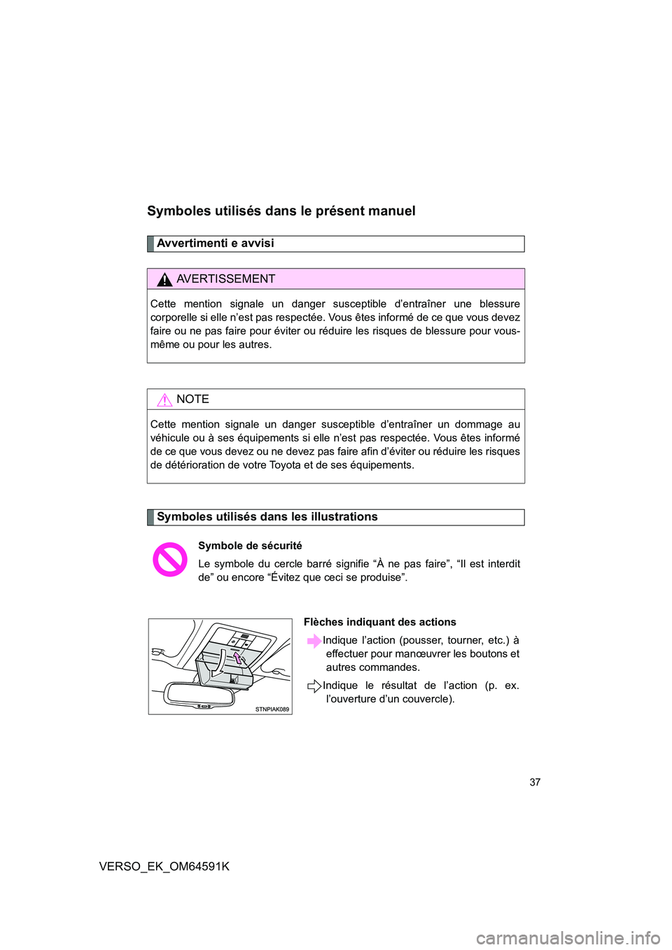 TOYOTA VERSO 2016 Notices Demploi (in French) 37
VERSO_EK_OM64591K
Symboles utilisés dans le présent manuel
Avvertimenti e avvisi
Symboles utilisés dans les illustrations
AVERTISSEMENT
Cette mention signale un danger susceptible d’entraîner TOYOTA VERSO 2016 Notices Demploi (in French) 37
VERSO_EK_OM64591K
Symboles utilisés dans le présent manuel
Avvertimenti e avvisi
Symboles utilisés dans les illustrations
AVERTISSEMENT
Cette mention signale un danger susceptible d’entraîner