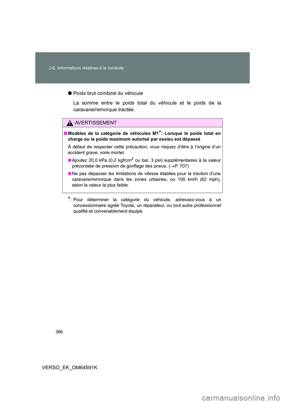 TOYOTA VERSO 2016 Notices Demploi (in French) 366
2-6. Informations relatives à la conduite
VERSO_EK_OM64591K
● Poids brut combiné du véhicule
La somme entre le poids total du véhicule et le poids de la
caravane/remorque tractée.
*: Po TOYOTA VERSO 2016 Notices Demploi (in French) 366
2-6. Informations relatives à la conduite
VERSO_EK_OM64591K
● Poids brut combiné du véhicule
La somme entre le poids total du véhicule et le poids de la
caravane/remorque tractée.
*: Po