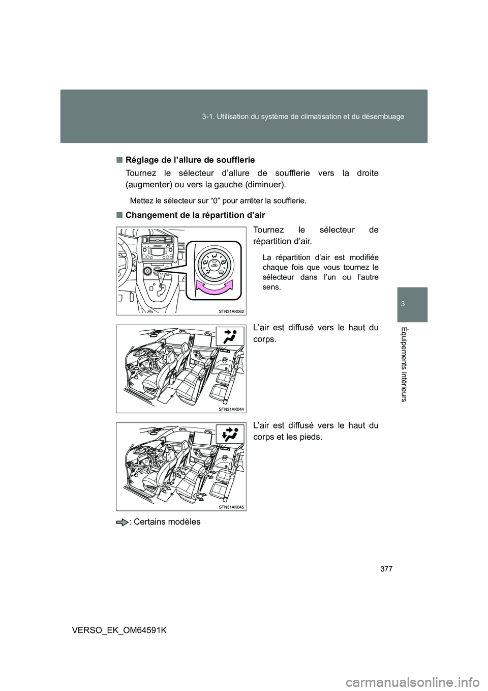 TOYOTA VERSO 2016 Notices Demploi (in French) 377
3-1. Utilisation du système de climatisation et du désembuage
3
Équipements intérieurs
VERSO_EK_OM64591K
■ Réglage de l’allure de soufflerie
Tournez le sélecteur d’allure de souffle TOYOTA VERSO 2016 Notices Demploi (in French) 377
3-1. Utilisation du système de climatisation et du désembuage
3
Équipements intérieurs
VERSO_EK_OM64591K
■ Réglage de l’allure de soufflerie
Tournez le sélecteur d’allure de souffle