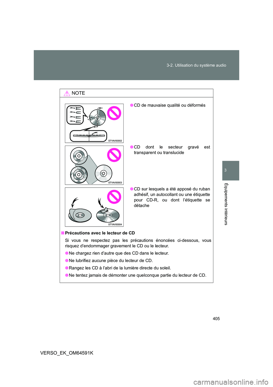 TOYOTA VERSO 2016  Notices Demploi (in French) 405 
3-2. Utilisation du système audio
3
Équipements intérieurs
VERSO_EK_OM64591K
NOTE
■ Précautions avec le lecteur de CD 
Si vous ne respectez pas les précautions énoncées ci-dessous, vous 
