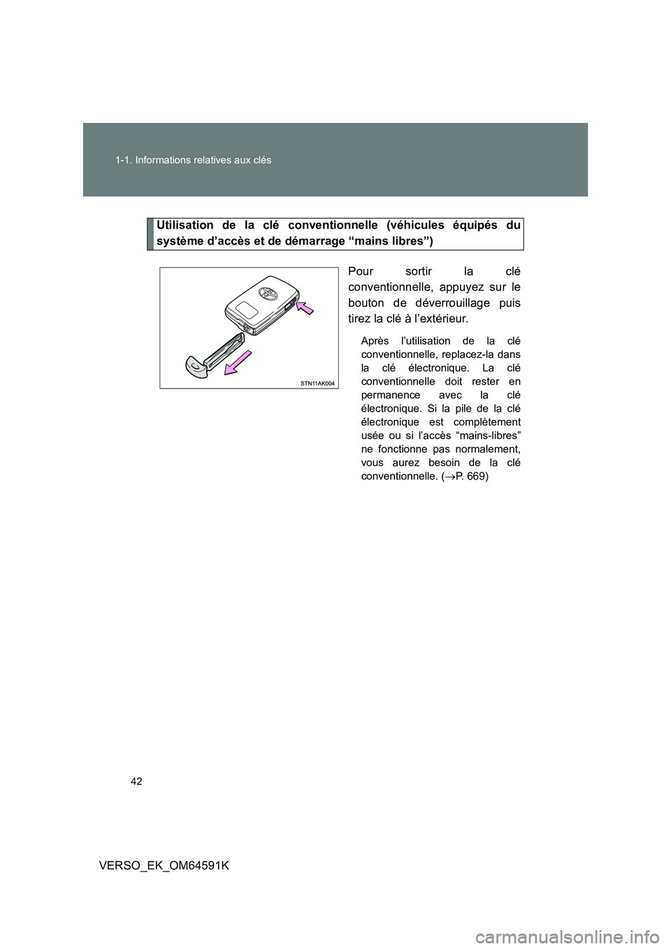 TOYOTA VERSO 2016  Notices Demploi (in French) 42 
1-1. Informations relatives aux clés
VERSO_EK_OM64591K
Utilisation de la clé conventionnelle (véhicules équipés du 
système d’accès et de démarrage “mains libres”) 
Pour sortir la cl