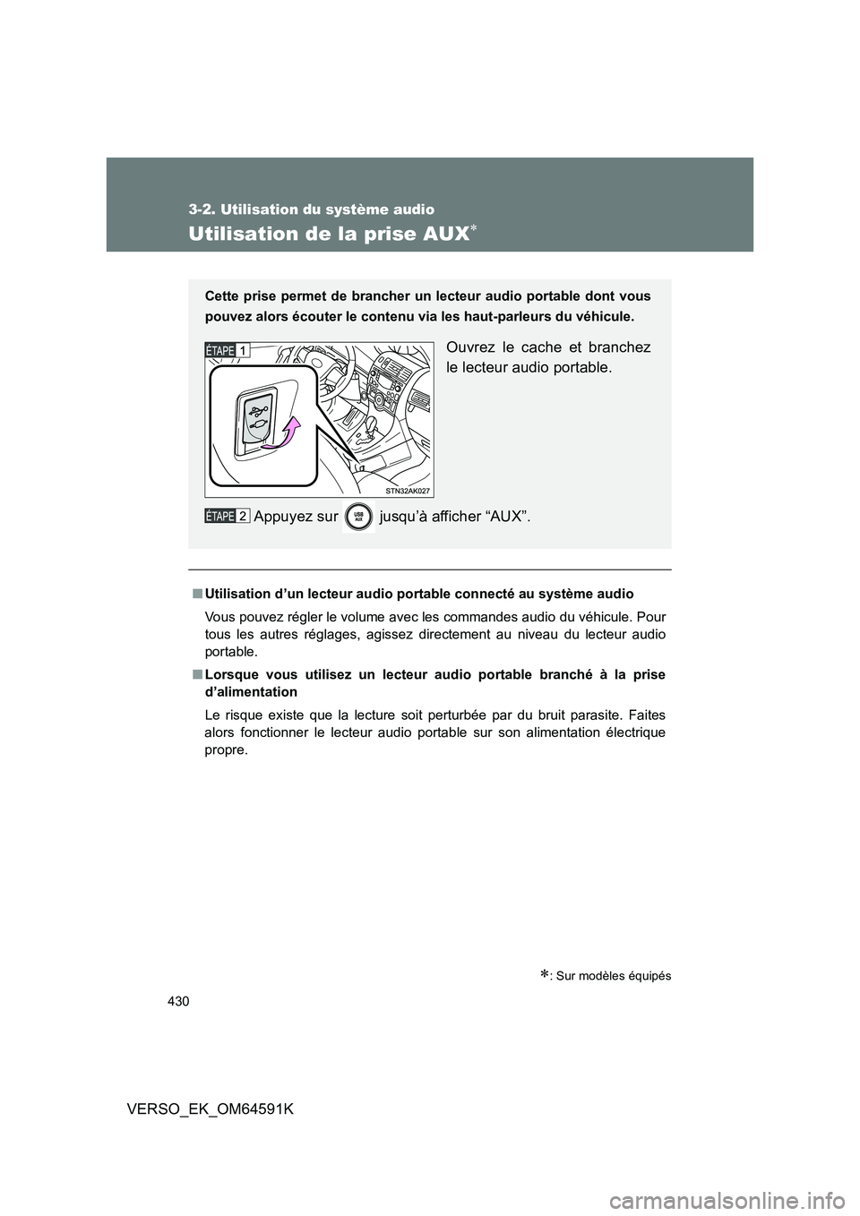 TOYOTA VERSO 2016  Notices Demploi (in French) 430
3-2. Utilisation du système audio
VERSO_EK_OM64591K
Utilisation de la prise AUX
: Sur modèles équipés
■Utilisation d’un lecteur audio portable connecté au système audio 
Vous pouve