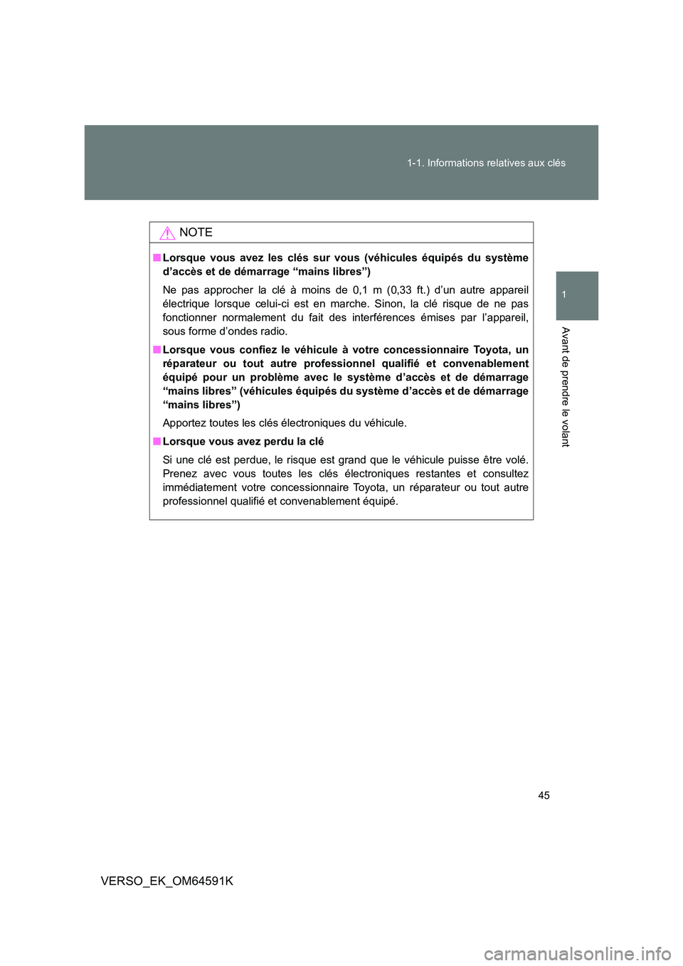 TOYOTA VERSO 2016  Notices Demploi (in French) 45 
1-1. Informations relatives aux clés
1
Avant de prendre le volant
VERSO_EK_OM64591K
NOTE
■ Lorsque vous avez les clés sur vous (véhicules équipés du système 
d’accès et de démarrage 