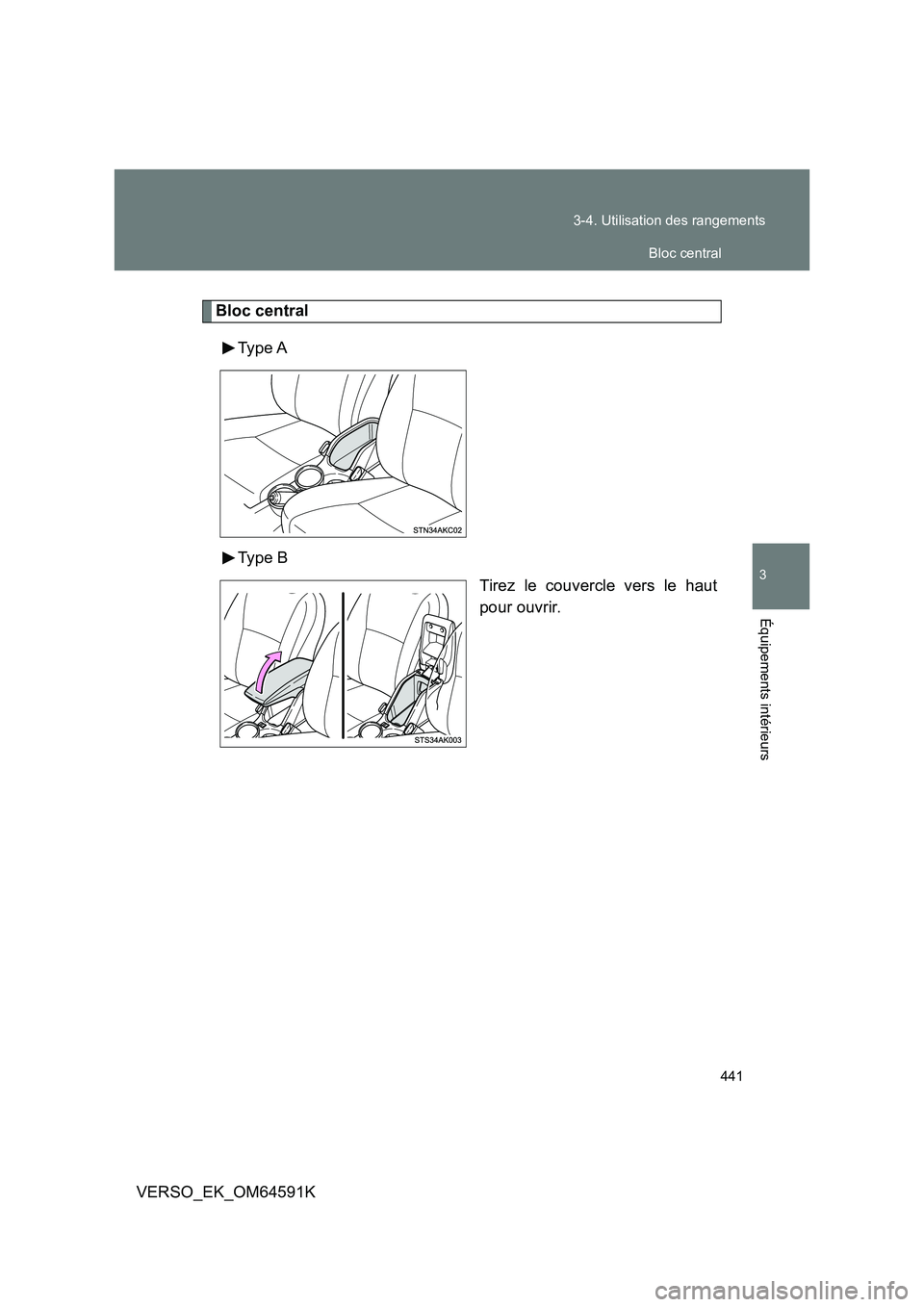 TOYOTA VERSO 2016  Notices Demploi (in French) 441 
3-4. Utilisation des rangements
3
Équipements intérieurs
VERSO_EK_OM64591K
Bloc central 
Type A 
Type B 
Tirez le couvercle vers le haut 
pour ouvrir.
Bloc central 