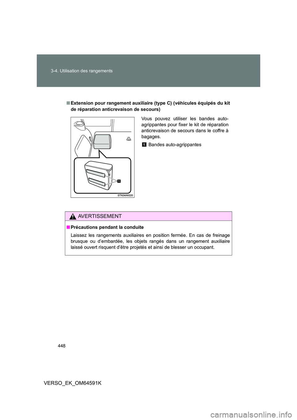 TOYOTA VERSO 2016  Notices Demploi (in French) 448 
3-4. Utilisation des rangements
VERSO_EK_OM64591K
■ Extension pour rangement auxiliaire (type C) (véhicules équipés du kit 
de réparation anticrevaison de secours)
AVERTISSEMENT
■ Précau