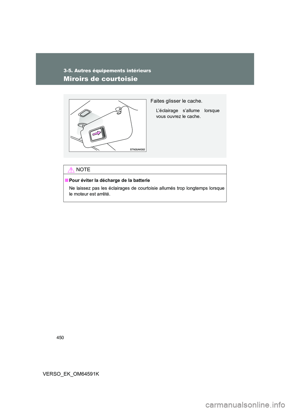 TOYOTA VERSO 2016  Notices Demploi (in French) 450
3-5. Autres équipements intérieurs
VERSO_EK_OM64591K
Miroirs de courtoisie
NOTE
■Pour éviter la décharge de la batterie 
Ne laissez pas les éclairages de cour toisie allumés trop longtemps