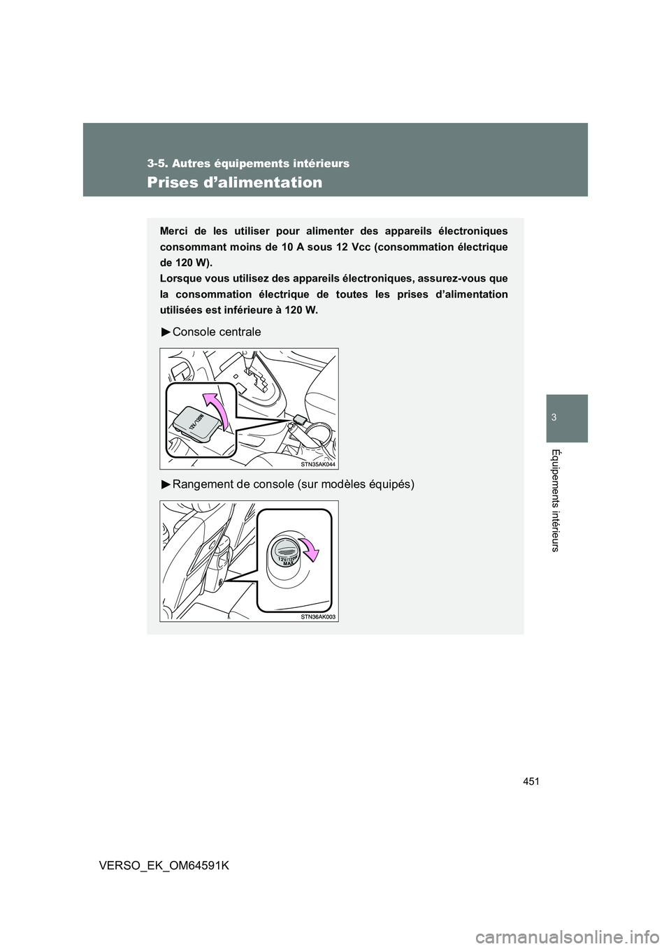 TOYOTA VERSO 2016  Notices Demploi (in French) 451
3-5. Autres équipements intérieurs
3
Équipements intérieurs
VERSO_EK_OM64591K
Prises d’alimentation
Merci de les utiliser pour alimenter des appareils électroniques 
consommant moins de 10 