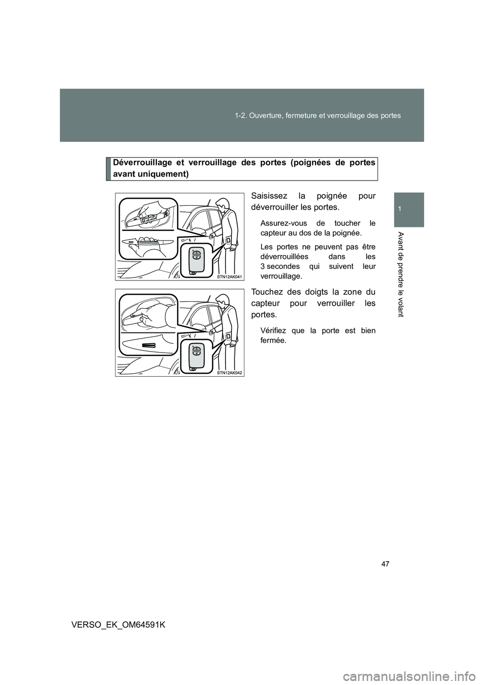 TOYOTA VERSO 2016  Notices Demploi (in French) 47 
1-2. Ouverture, fermeture et verrouillage des portes
1
Avant de prendre le volant
VERSO_EK_OM64591K
Déverrouillage et verrouillage des portes (poignées de portes 
avant uniquement) 
Saisissez la