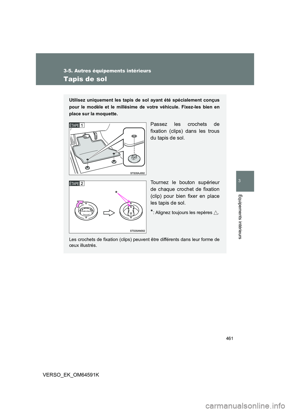 TOYOTA VERSO 2016  Notices Demploi (in French) 461
3-5. Autres équipements intérieurs
3
Équipements intérieurs
VERSO_EK_OM64591K
Tapis de sol
Utilisez uniquement les tapis de sol ayant été spécialement conçus 
pour le modèle et le millés