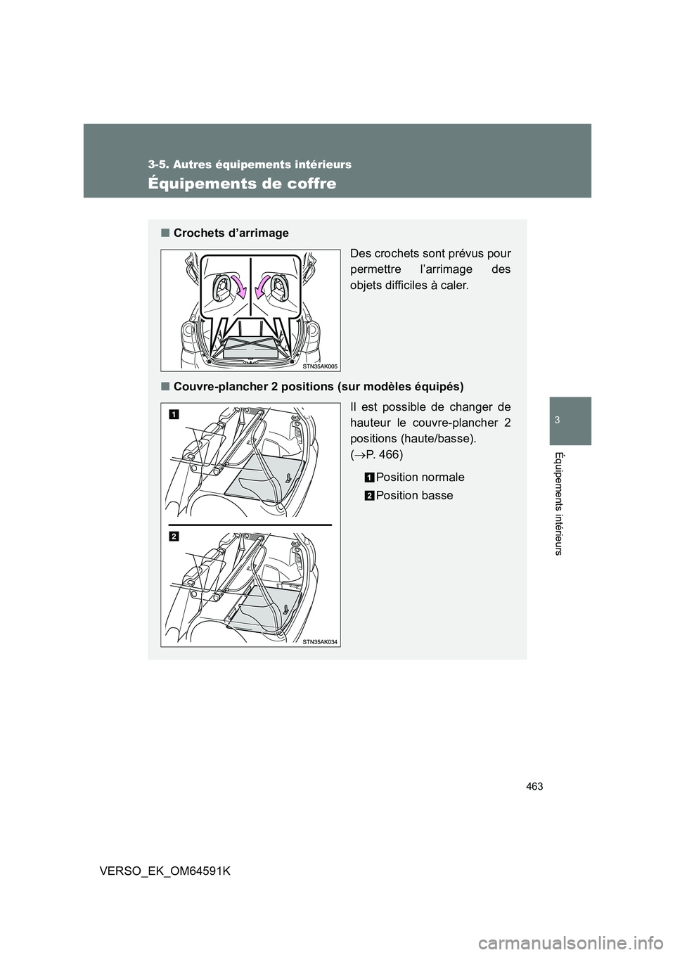 TOYOTA VERSO 2016  Notices Demploi (in French) 463
3-5. Autres équipements intérieurs
3
Équipements intérieurs
VERSO_EK_OM64591K
Équipements de coffre
■Crochets d’arrimage 
Des crochets sont prévus pour 
permettre l’arrimage des 
objet