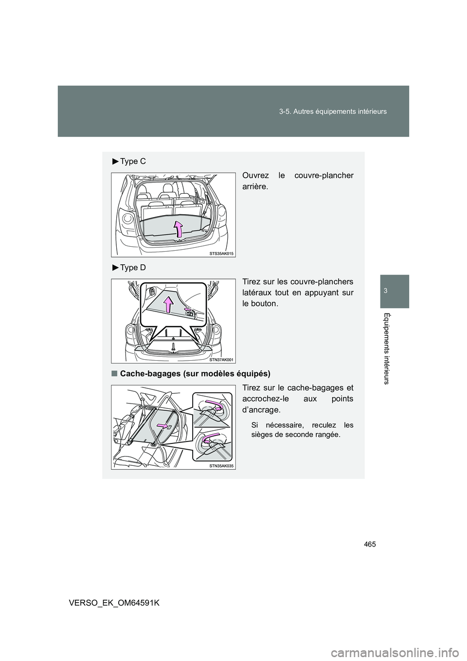 TOYOTA VERSO 2016  Notices Demploi (in French) 465 
3-5. Autres équipements intérieurs
3
Équipements intérieurs
VERSO_EK_OM64591K
Ty p e  C 
Ouvrez le couvre-plancher 
arrière. 
Ty p e  D 
Tirez sur les couvre-planchers 
latéraux tout en app