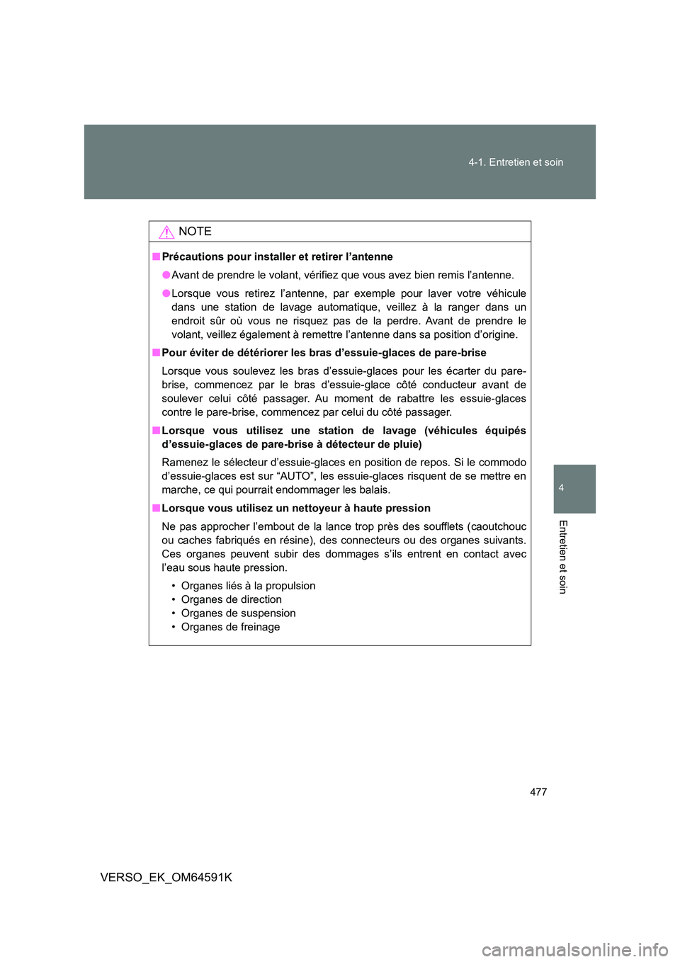 TOYOTA VERSO 2016  Notices Demploi (in French) 477 
4-1. Entretien et soin
4
Entretien et soin
VERSO_EK_OM64591K
NOTE
■ Précautions pour installer et retirer l’antenne 
● Avant de prendre le volant, vérifiez que vous avez bien remis l’an