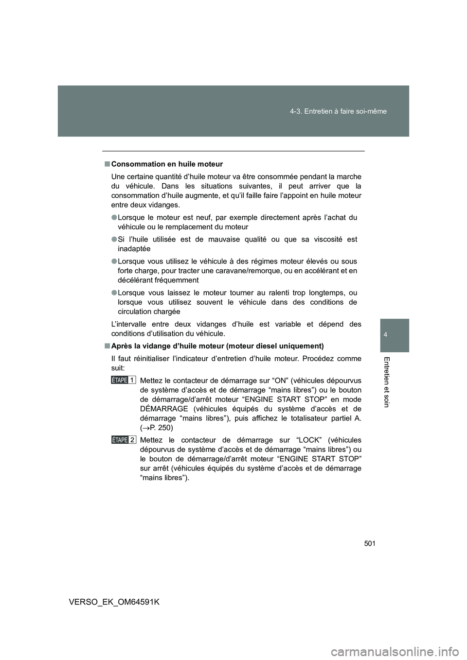 TOYOTA VERSO 2016  Notices Demploi (in French) 501 
4-3. Entretien à faire soi-même
4
Entretien et soin
VERSO_EK_OM64591K
■ Consommation en huile moteur 
Une certaine quantité d’huile moteur va être consommée pendant la marche 
du véhicu