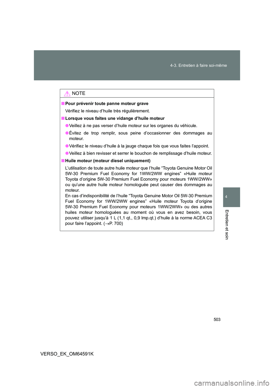 TOYOTA VERSO 2016  Notices Demploi (in French) 503 
4-3. Entretien à faire soi-même
4
Entretien et soin
VERSO_EK_OM64591K
NOTE
■ Pour prévenir toute panne moteur grave 
Vérifiez le niveau d’huile très régulièrement. 
■ Lorsque vous fa