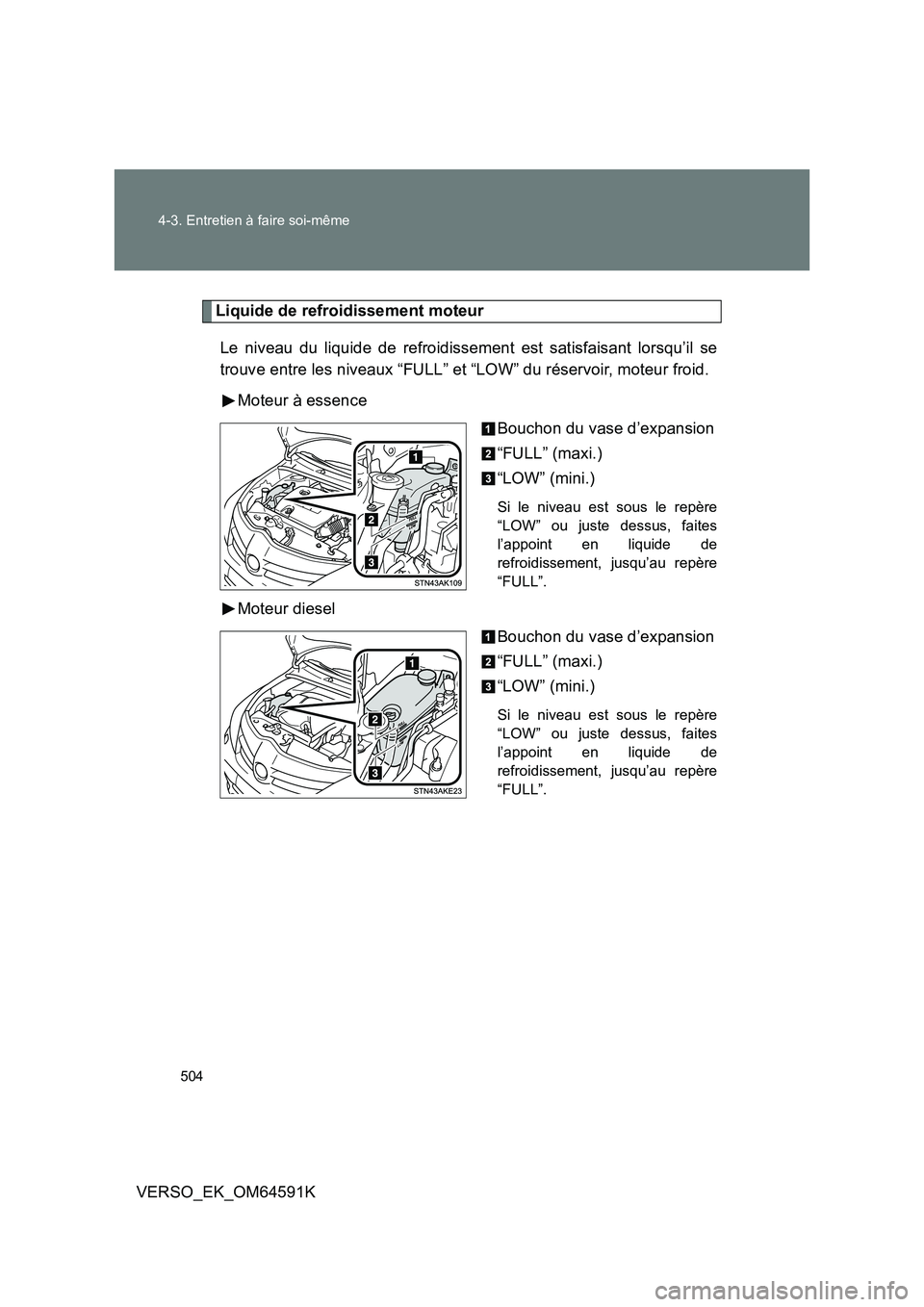 TOYOTA VERSO 2016  Notices Demploi (in French) 504 
4-3. Entretien à faire soi-même
VERSO_EK_OM64591K
Liquide de refroidissement moteur 
Le niveau du liquide de refroidissement est satisfaisant lorsqu’il se 
trouve entre les niveaux “FULL”