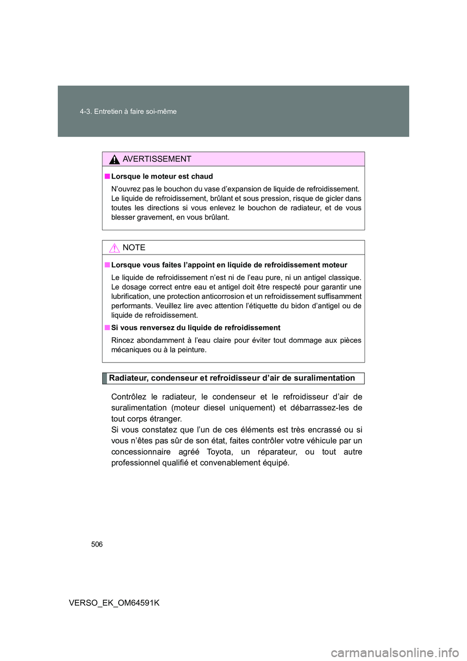 TOYOTA VERSO 2016  Notices Demploi (in French) 506 
4-3. Entretien à faire soi-même
VERSO_EK_OM64591K
Radiateur, condenseur et refroidisseur d’air de suralimentation 
Contrôlez le radiateur, le condenseur et le refroidisseur d’air de 
sural