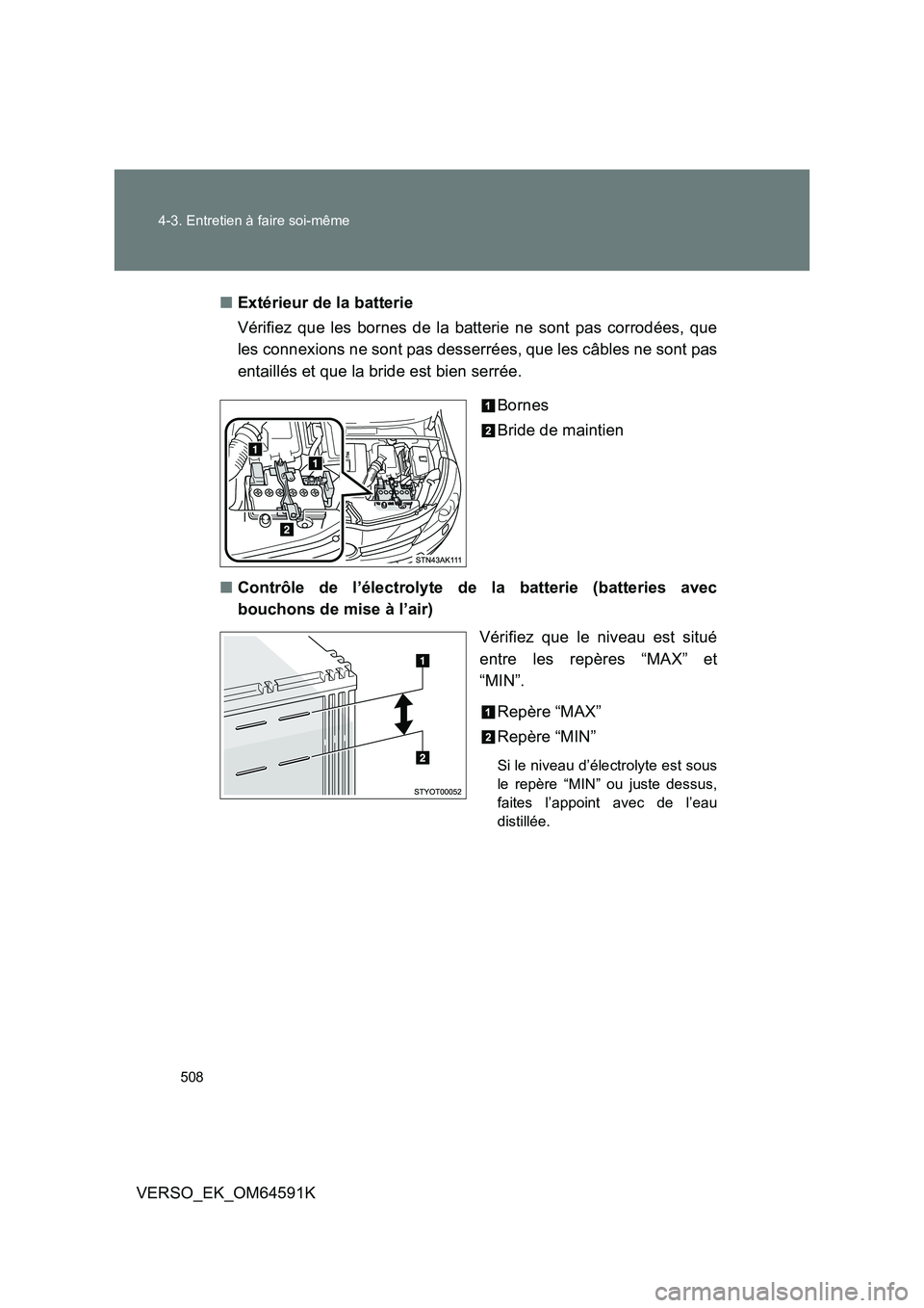 TOYOTA VERSO 2016  Notices Demploi (in French) 508 
4-3. Entretien à faire soi-même
VERSO_EK_OM64591K 
■ Extérieur de la batterie 
Vérifiez que les bornes de la batterie ne sont pas corrodées, que 
les connexions ne sont pas desserrées, qu