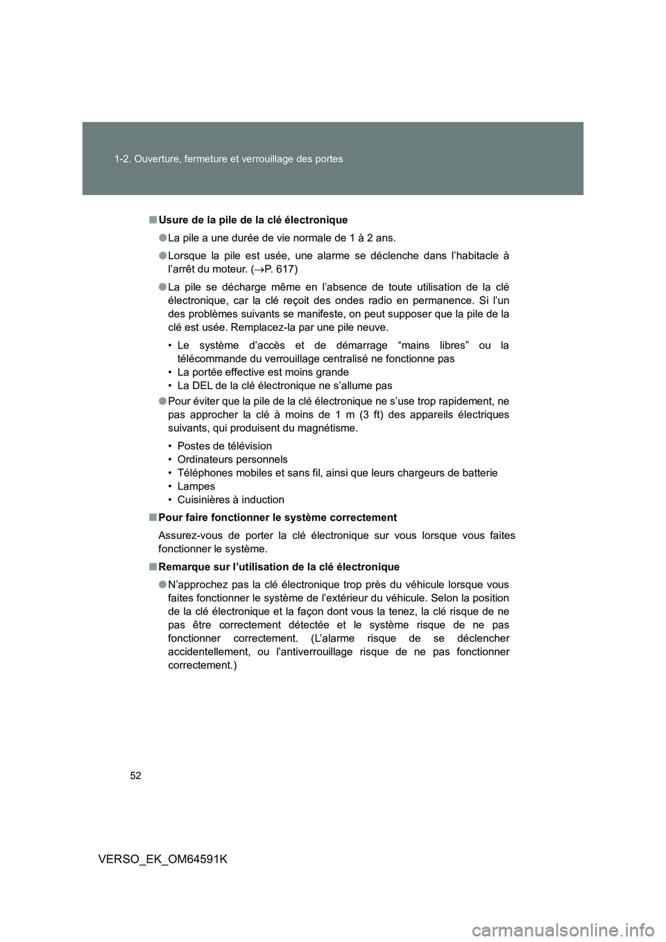 TOYOTA VERSO 2016  Notices Demploi (in French) 52 
1-2. Ouverture, fermeture et verrouillage des portes
VERSO_EK_OM64591K
■ Usure de la pile de la clé électronique 
● La pile a une durée de vie normale de 1 à 2 ans. 
● Lorsque la pile es