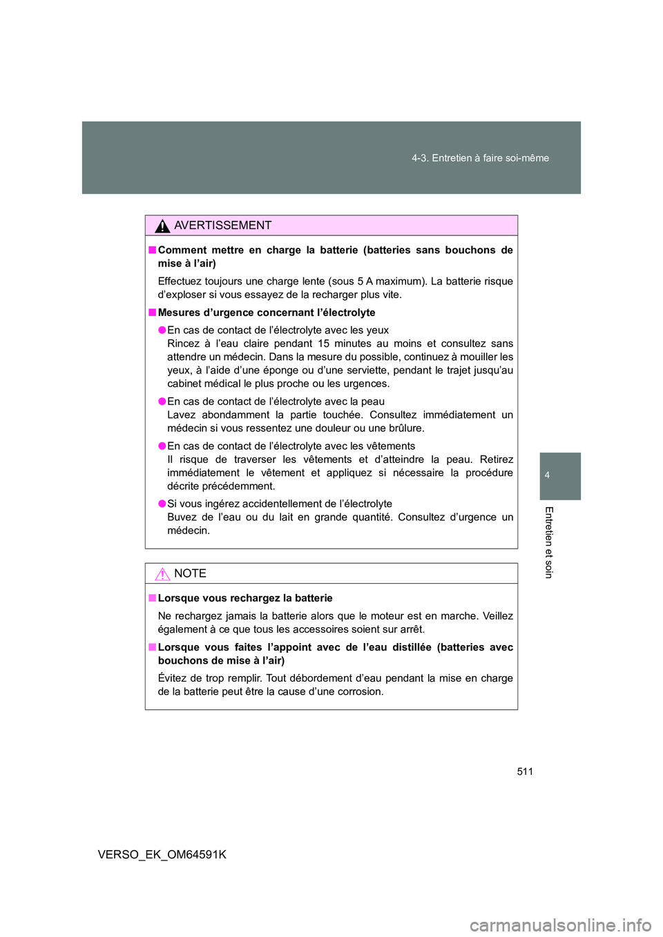 TOYOTA VERSO 2016 Notices Demploi (in French) 511
4-3. Entretien à faire soi-même
4
Entretien et soin
VERSO_EK_OM64591K
AVERTISSEMENT
■ Comment mettre en charge la batterie (batteries sans bouchons de
mise à l’air)
Effectuez toujours un TOYOTA VERSO 2016 Notices Demploi (in French) 511
4-3. Entretien à faire soi-même
4
Entretien et soin
VERSO_EK_OM64591K
AVERTISSEMENT
■ Comment mettre en charge la batterie (batteries sans bouchons de
mise à l’air)
Effectuez toujours un