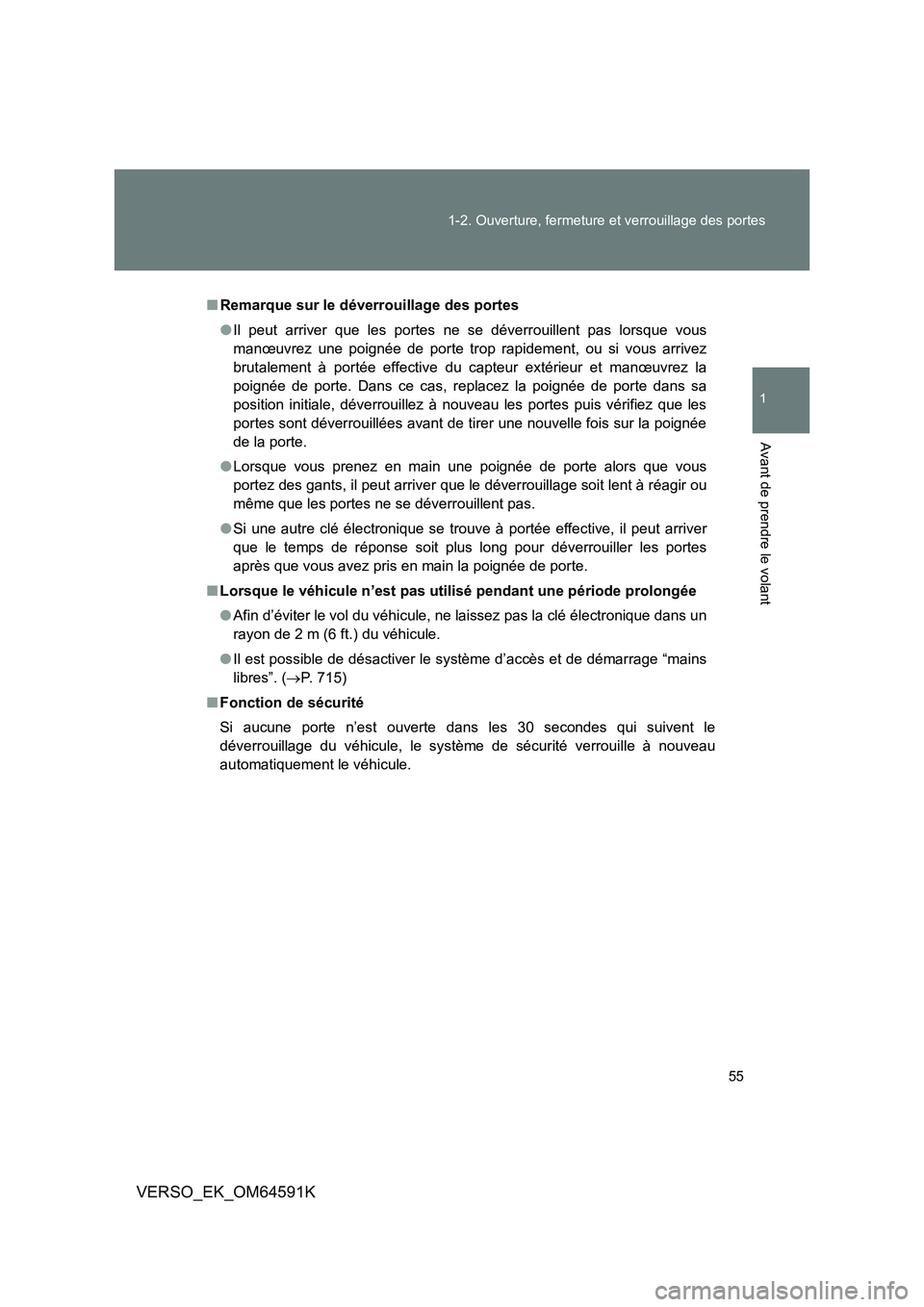 TOYOTA VERSO 2016  Notices Demploi (in French) 55 
1-2. Ouverture, fermeture et verrouillage des portes
1
Avant de prendre le volant
VERSO_EK_OM64591K
■ Remarque sur le déverrouillage des portes 
● Il peut arriver que les portes ne se déverr