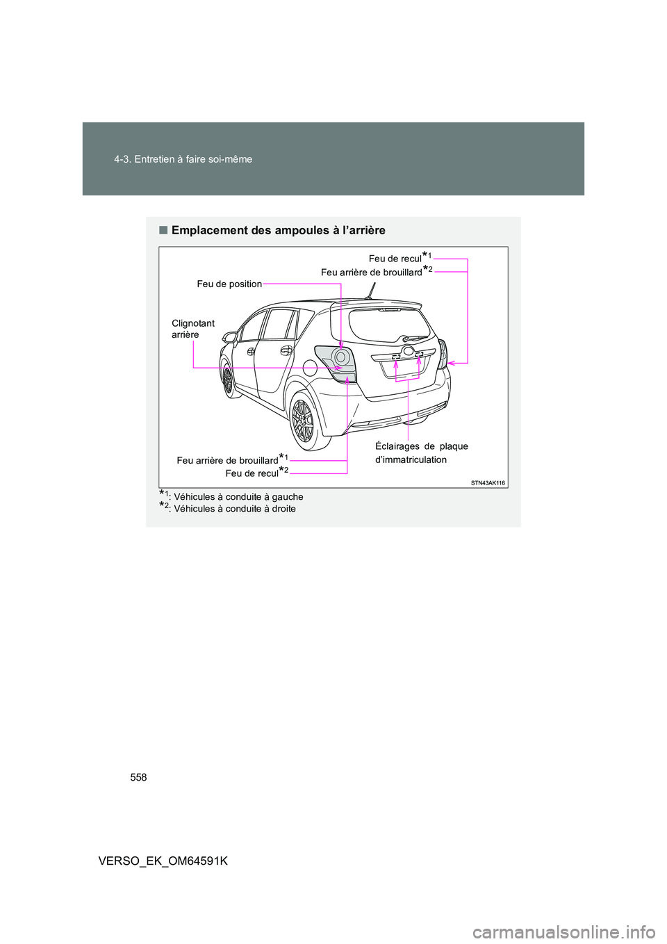 TOYOTA VERSO 2016 Notices Demploi (in French) 558
4-3. Entretien à faire soi-même
VERSO_EK_OM64591K
■ Emplacement des ampoules à l’arrière
*1: Véhicules à conduite à gauche
*2: Véhicules à conduite à droite
Feu de position
Feu arri TOYOTA VERSO 2016 Notices Demploi (in French) 558
4-3. Entretien à faire soi-même
VERSO_EK_OM64591K
■ Emplacement des ampoules à l’arrière
*1: Véhicules à conduite à gauche
*2: Véhicules à conduite à droite
Feu de position
Feu arri