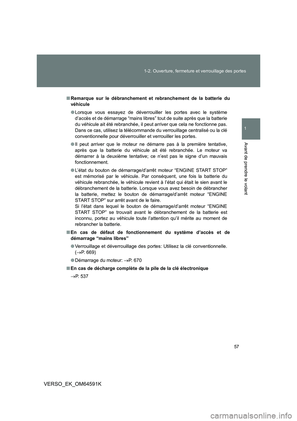 TOYOTA VERSO 2016  Notices Demploi (in French) 57 
1-2. Ouverture, fermeture et verrouillage des portes
1
Avant de prendre le volant
VERSO_EK_OM64591K
■ Remarque sur le débranchement et rebranchement de la batterie du 
véhicule 
● Lorsque vo