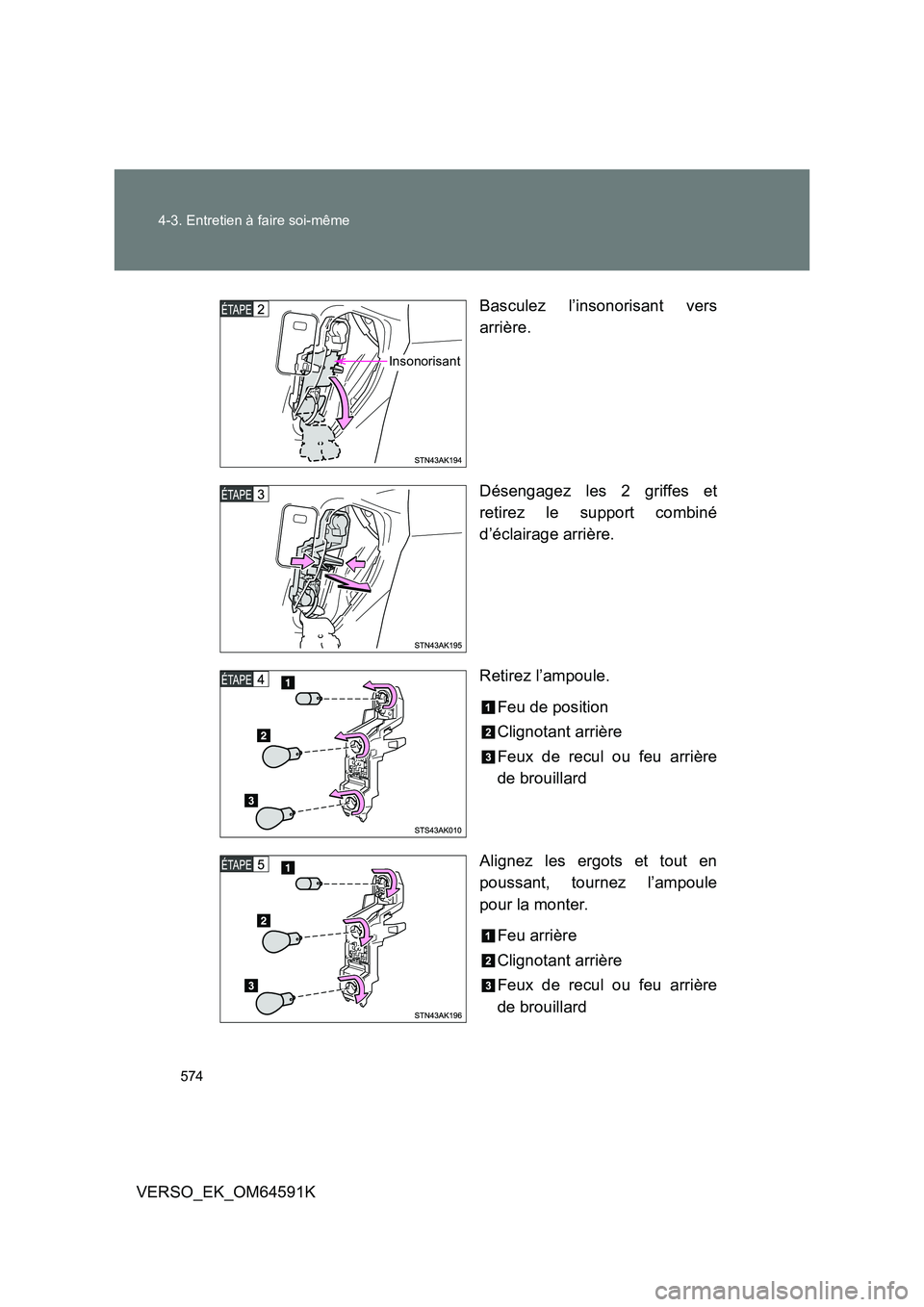 TOYOTA VERSO 2016  Notices Demploi (in French) 574 
4-3. Entretien à faire soi-même
VERSO_EK_OM64591K 
Basculez l’insonorisant vers 
arrière. 
Désengagez les 2 griffes et 
retirez le support combiné 
d’éclairage arrière. 
Retirez l’am