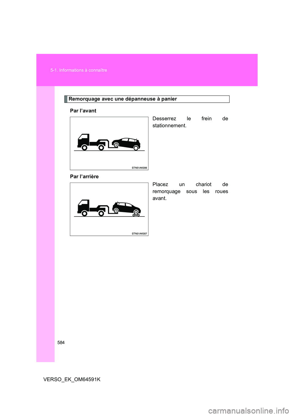 TOYOTA VERSO 2016  Notices Demploi (in French) 584 
5-1. Informations à connaître
VERSO_EK_OM64591K
Remorquage avec une dépanneuse à panier 
Par l’avant 
Desserrez le frein de 
stationnement. 
Par l’arrière 
Placez un chariot de 
remorqua