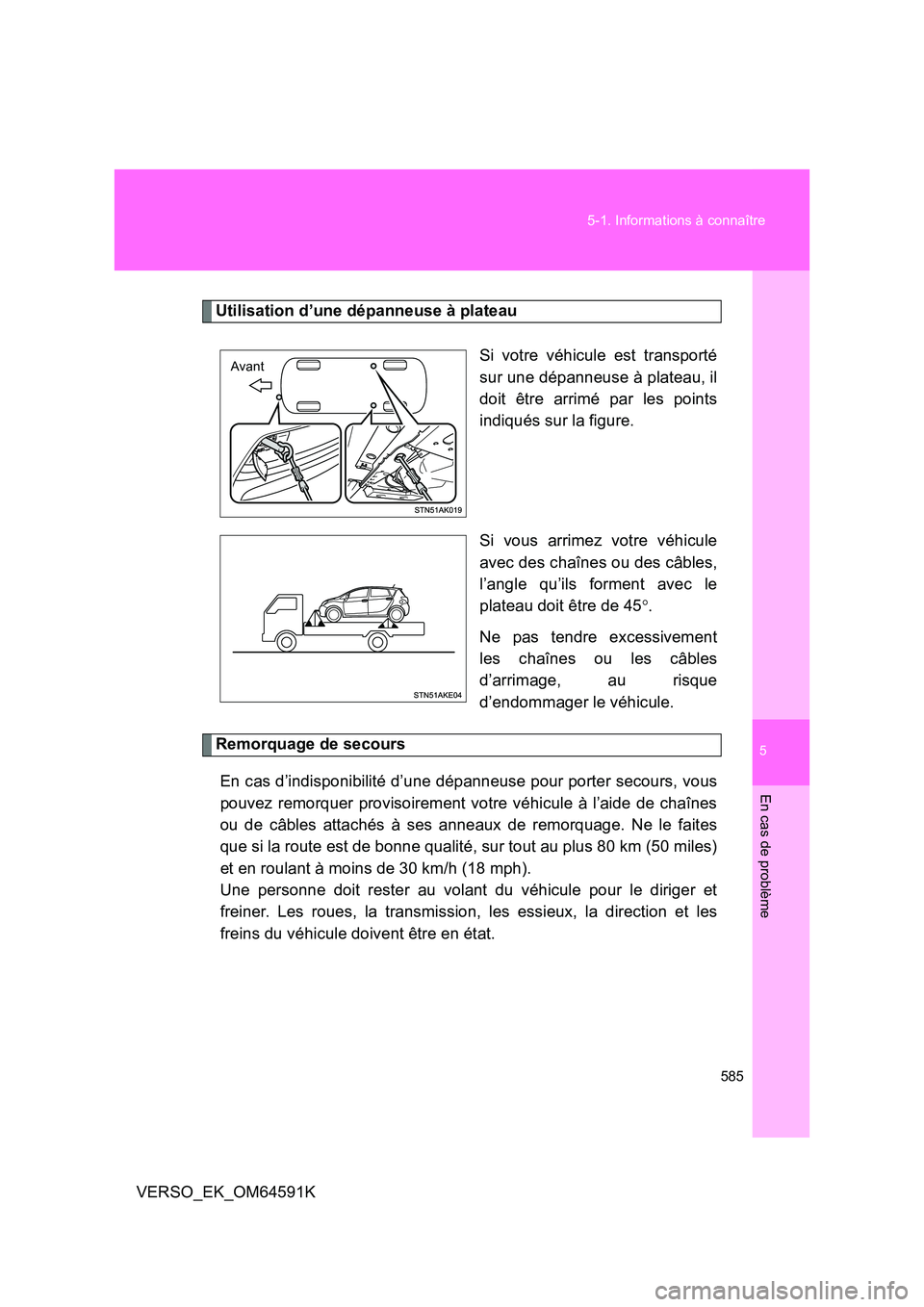 TOYOTA VERSO 2016  Notices Demploi (in French) 5
585 
5-1. Informations à connaître
En cas de problème
VERSO_EK_OM64591K
Utilisation d’une dépanneuse à plateau 
Si votre véhicule est transporté 
sur une dépanneuse à plateau, il
doit êt