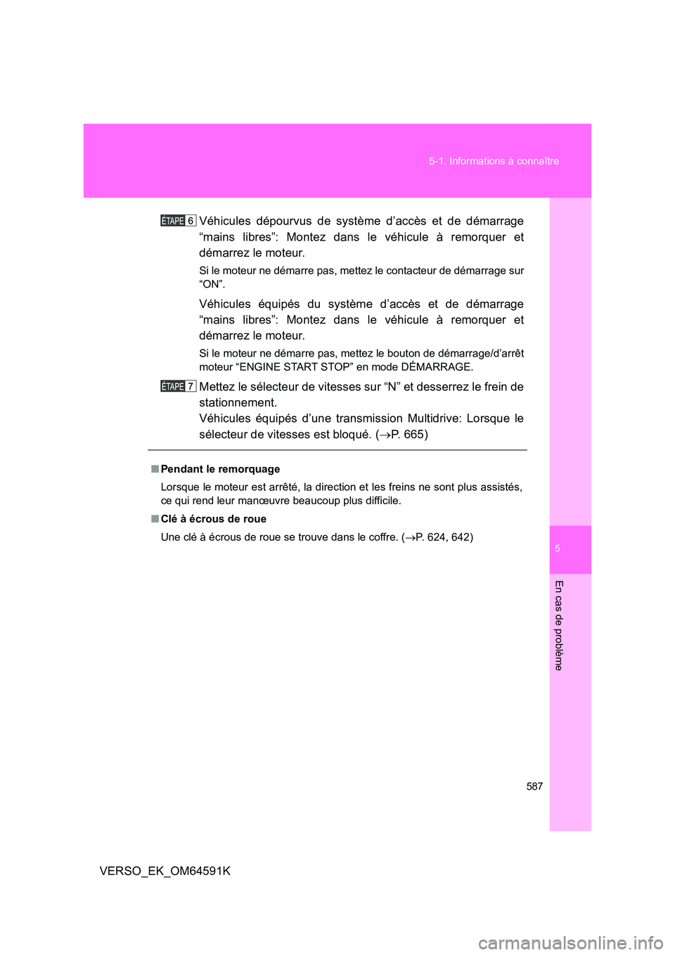 TOYOTA VERSO 2016  Notices Demploi (in French) 5
587 
5-1. Informations à connaître
En cas de problème
VERSO_EK_OM64591K 
Véhicules dépourvus de système d’accès et de démarrage 
“mains libres”: Montez dans le véhicule à remorquer e
