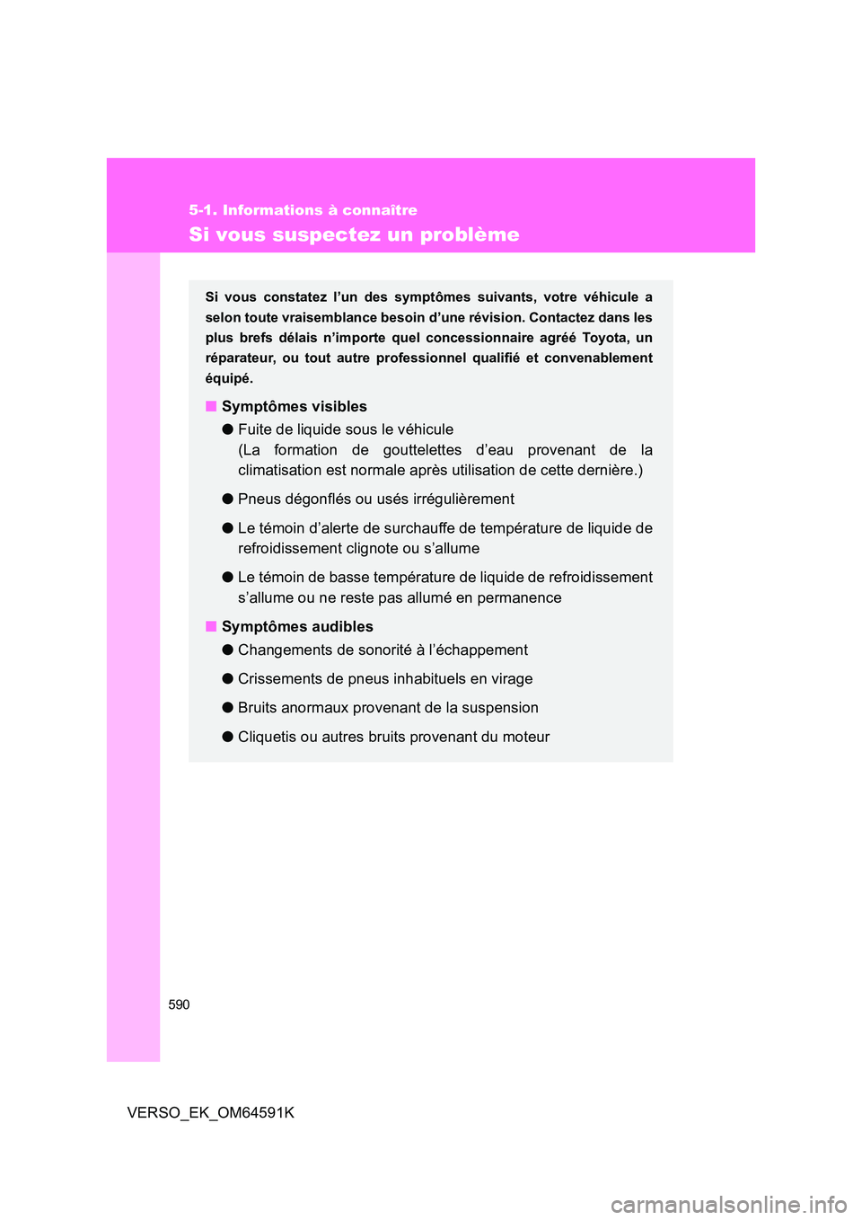 TOYOTA VERSO 2016  Notices Demploi (in French) 590
5-1. Informations à connaître
VERSO_EK_OM64591K
Si vous suspectez un problème
Si vous constatez l’un des symptômes suivants, votre véhicule a 
selon toute vraisemblance besoin d’une révi