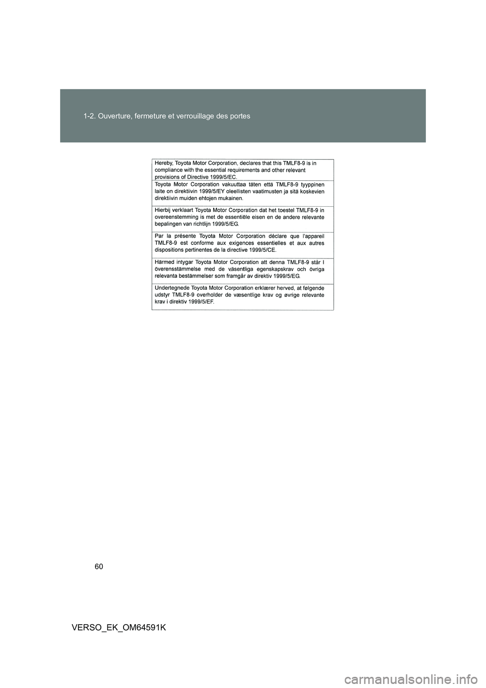 TOYOTA VERSO 2016  Notices Demploi (in French) 60 
1-2. Ouverture, fermeture et verrouillage des portes
VERSO_EK_OM64591K 