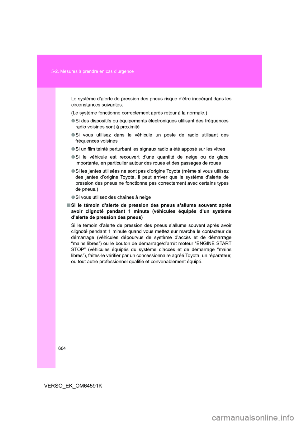 TOYOTA VERSO 2016  Notices Demploi (in French) 604 
5-2. Mesures à prendre en cas d’urgence
VERSO_EK_OM64591K
Le système d’alerte de pression des pneus risque d’être inopérant dans les 
circonstances suivantes: 
(Le système fonctionne c