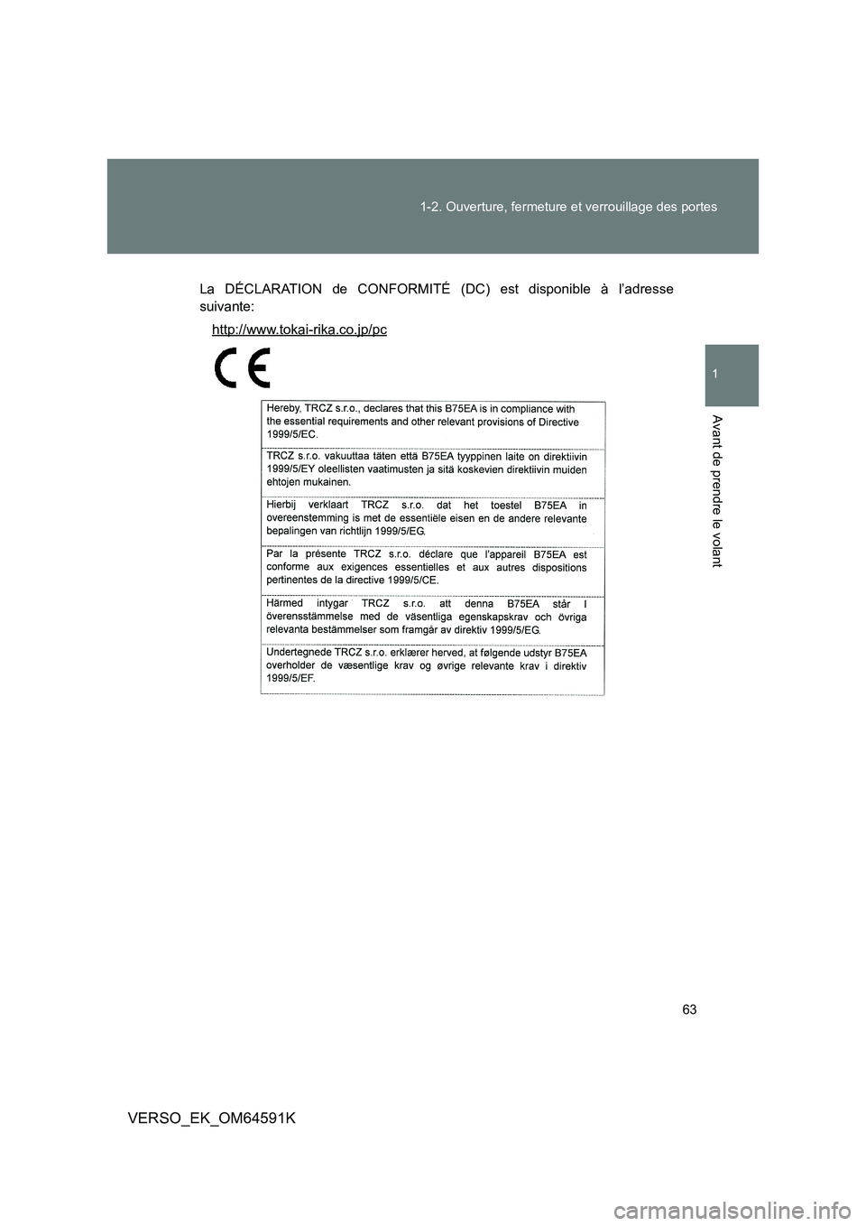 TOYOTA VERSO 2016  Notices Demploi (in French) 63 
1-2. Ouverture, fermeture et verrouillage des portes
1
Avant de prendre le volant
VERSO_EK_OM64591K
La DÉCLARATION de CONFORMITÉ (DC) est disponible à l’adresse 
suivante:
http://www.tokai-ri