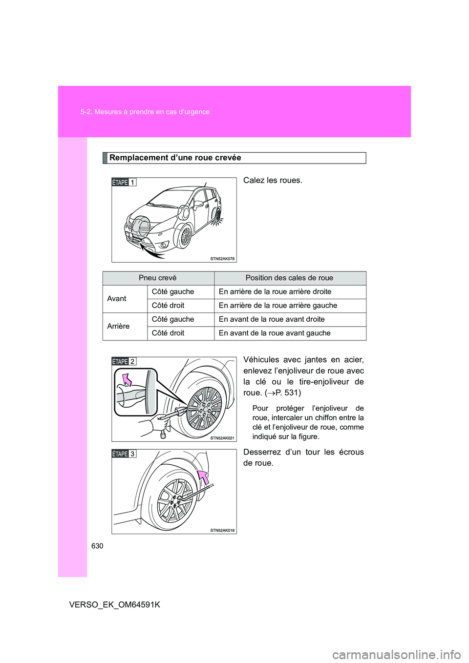 TOYOTA VERSO 2016  Notices Demploi (in French) 630 
5-2. Mesures à prendre en cas d’urgence
VERSO_EK_OM64591K
Remplacement d’une roue crevée 
Calez les roues. 
Véhicules avec jantes en acier, 
enlevez l’enjoliveur de roue avec
la clé ou 