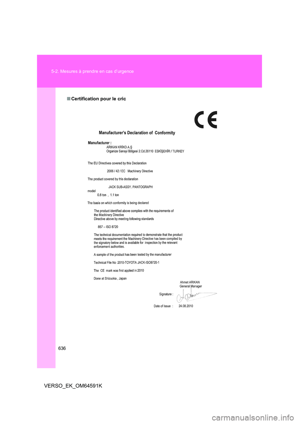 TOYOTA VERSO 2016  Notices Demploi (in French) 636 
5-2. Mesures à prendre en cas d’urgence
VERSO_EK_OM64591K
■ Certification pour le cric 