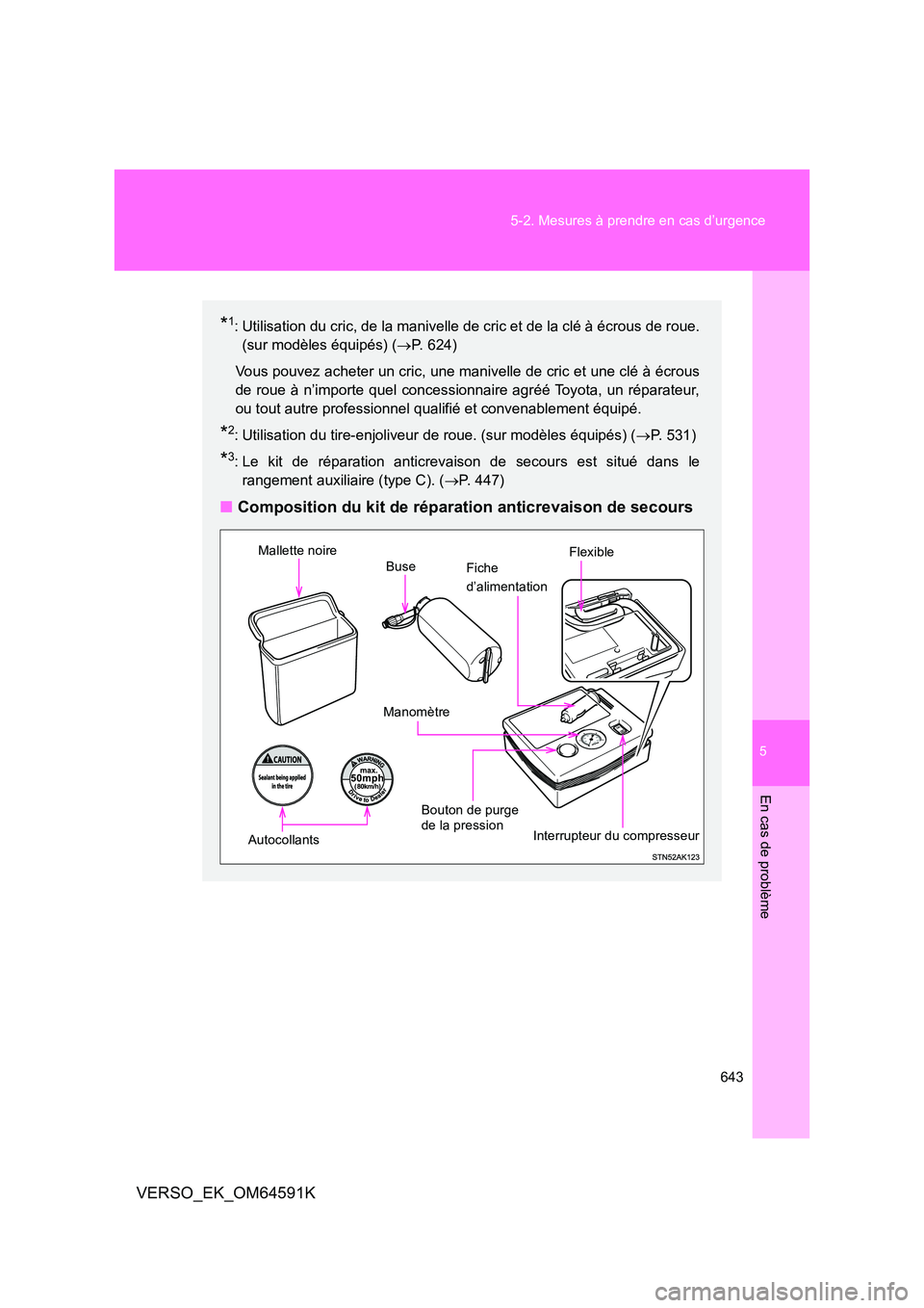TOYOTA VERSO 2016  Notices Demploi (in French) 5
643 
5-2. Mesures à prendre en cas d’urgence
En cas de problème
VERSO_EK_OM64591K
*1: Utilisation du cric, de la manivelle de cric et de la clé à écrous de roue. 
(sur modèles équipés) ( 
