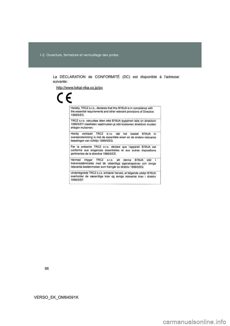 TOYOTA VERSO 2016  Notices Demploi (in French) 66 
1-2. Ouverture, fermeture et verrouillage des portes
VERSO_EK_OM64591K
La DÉCLARATION de CONFORMITÉ (DC) est disponible à l’adresse 
suivante:
http://www.tokai-rika.co.jp/pc 