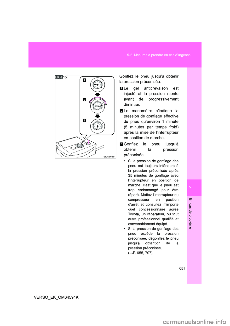 TOYOTA VERSO 2016 Notices Demploi (in French) 5
651
5-2. Mesures à prendre en cas d’urgence
En cas de problème
VERSO_EK_OM64591K
Gonflez le pneu jusqu’à obtenir
la pression préconisée.
Le gel anticrevaison est
injecté et la pressio TOYOTA VERSO 2016 Notices Demploi (in French) 5
651
5-2. Mesures à prendre en cas d’urgence
En cas de problème
VERSO_EK_OM64591K
Gonflez le pneu jusqu’à obtenir
la pression préconisée.
Le gel anticrevaison est
injecté et la pressio