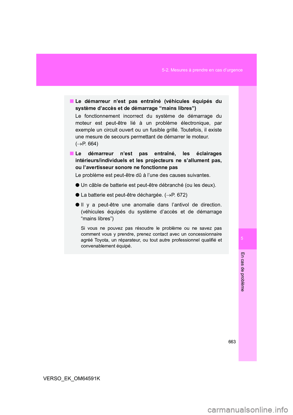 TOYOTA VERSO 2016  Notices Demploi (in French) 5
663 
5-2. Mesures à prendre en cas d’urgence
En cas de problème
VERSO_EK_OM64591K
■ Le démarreur n’est pas entraîné (véhicules équipés du 
système d’accès et de démarrage “mains