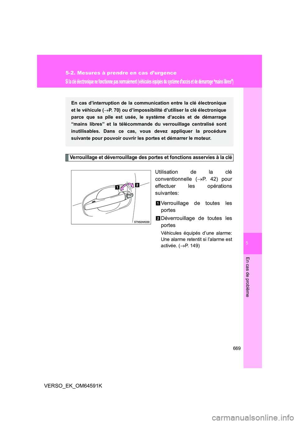 TOYOTA VERSO 2016  Notices Demploi (in French) 5
669
5-2. Mesures à prendre en cas d’urgence
En cas de problème
VERSO_EK_OM64591K
Si la clé électronique ne fonctionne pas normalement (véhicules équipés du système d’accès et de démarr