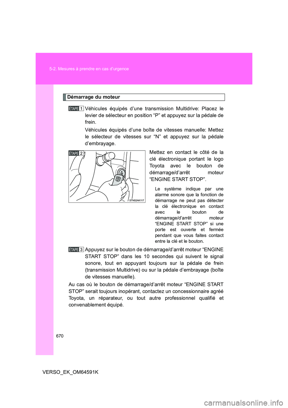 TOYOTA VERSO 2016  Notices Demploi (in French) 670 
5-2. Mesures à prendre en cas d’urgence
VERSO_EK_OM64591K
Démarrage du moteur 
Véhicules équipés d’une transmission Multidrive: Placez le 
levier de sélecteur en position “P” et app