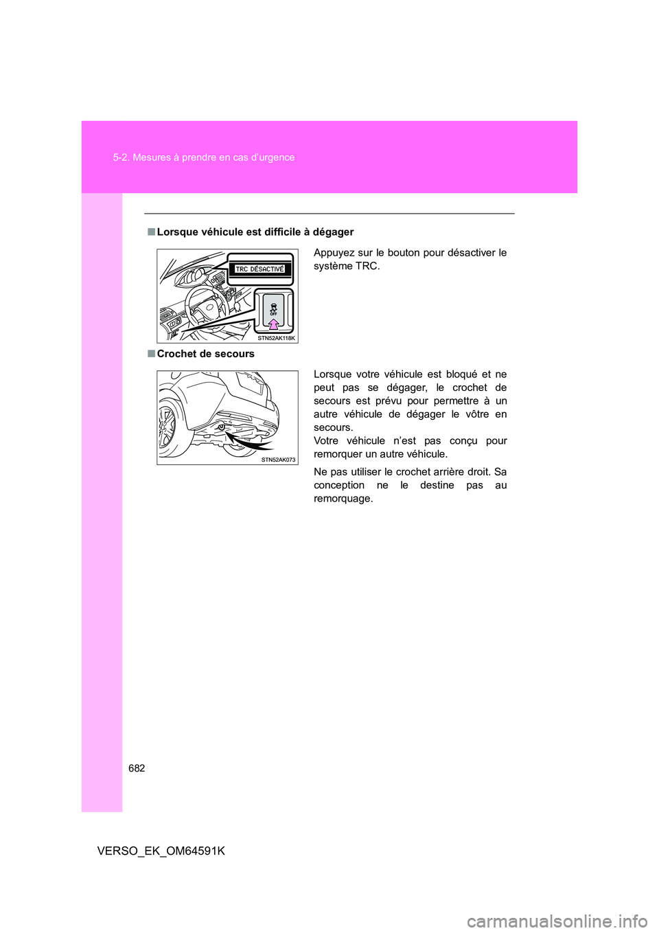 TOYOTA VERSO 2016  Notices Demploi (in French) 682 
5-2. Mesures à prendre en cas d’urgence
VERSO_EK_OM64591K
■ Lorsque véhicule est difficile à dégager 
■ Crochet de secours
Appuyez sur le bouton pour désactiver le 
système TRC.
Lorsq