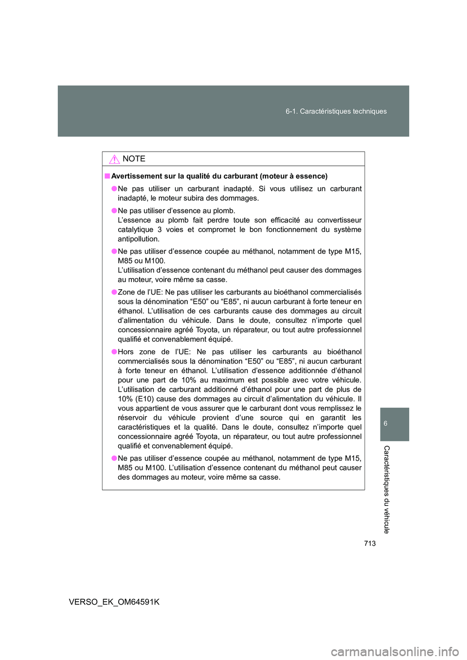 TOYOTA VERSO 2016 Notices Demploi (in French) 713
6-1. Caractéristiques techniques
6
Caractéristiques du véhicule
VERSO_EK_OM64591K
NOTE
■ Avertissement sur la qualité du carburant (moteur à essence)
● Ne pas utiliser un carburant inad TOYOTA VERSO 2016 Notices Demploi (in French) 713
6-1. Caractéristiques techniques
6
Caractéristiques du véhicule
VERSO_EK_OM64591K
NOTE
■ Avertissement sur la qualité du carburant (moteur à essence)
● Ne pas utiliser un carburant inad