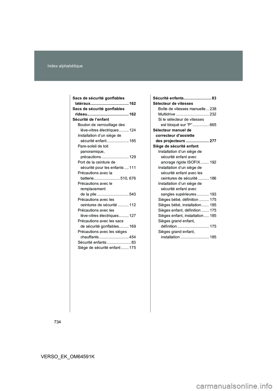 TOYOTA VERSO 2016  Notices Demploi (in French) 734 
Index alphabétique
VERSO_EK_OM64591K
Sacs de sécurité gonflables  
latéraux................................... 162
Sacs de sécurité gonflables 
rideau...................................... 