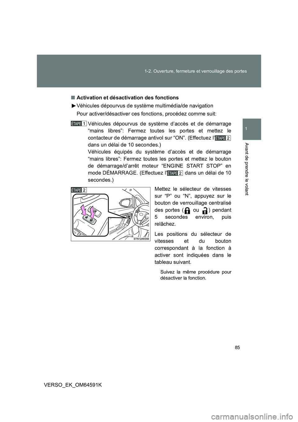 TOYOTA VERSO 2016  Notices Demploi (in French) 85 
1-2. Ouverture, fermeture et verrouillage des portes
1
Avant de prendre le volant
VERSO_EK_OM64591K 
■ Activation et désactivation des fonctions 
Véhicules dépourvus de système multimédia/d