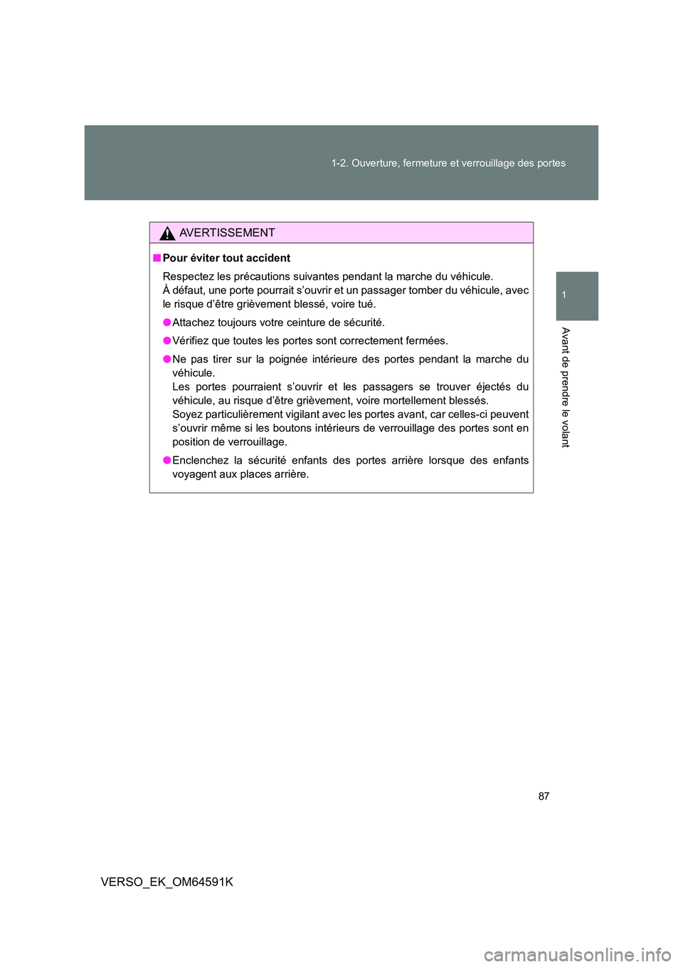TOYOTA VERSO 2016  Notices Demploi (in French) 87 
1-2. Ouverture, fermeture et verrouillage des portes
1
Avant de prendre le volant
VERSO_EK_OM64591K
AVERTISSEMENT
■ Pour éviter tout accident 
Respectez les précautions suivantes pendant la ma
