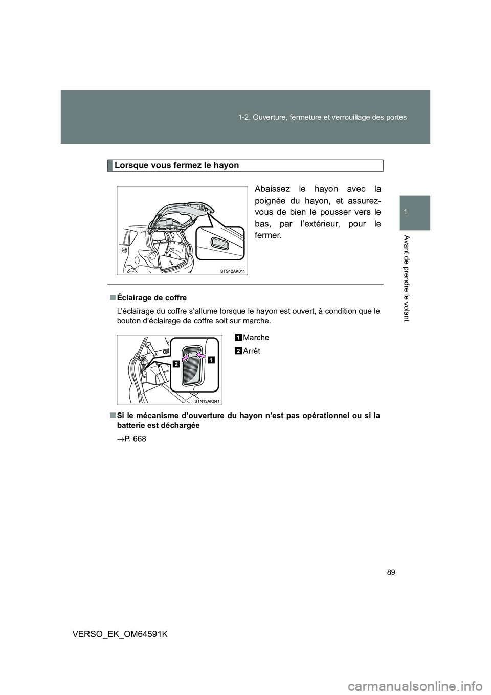 TOYOTA VERSO 2016  Notices Demploi (in French) 89 
1-2. Ouverture, fermeture et verrouillage des portes
1
Avant de prendre le volant
VERSO_EK_OM64591K
Lorsque vous fermez le hayon 
Abaissez le hayon avec la 
poignée du hayon, et assurez-
vous de 