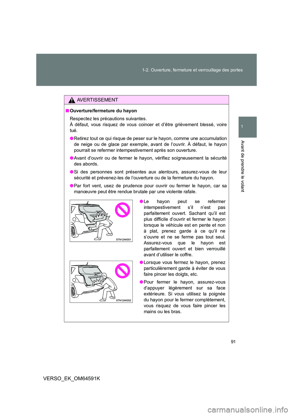 TOYOTA VERSO 2016  Notices Demploi (in French) 91 
1-2. Ouverture, fermeture et verrouillage des portes
1
Avant de prendre le volant
VERSO_EK_OM64591K
AVERTISSEMENT
■ Ouverture/fermeture du hayon 
Respectez les précautions suivantes.  
À défa