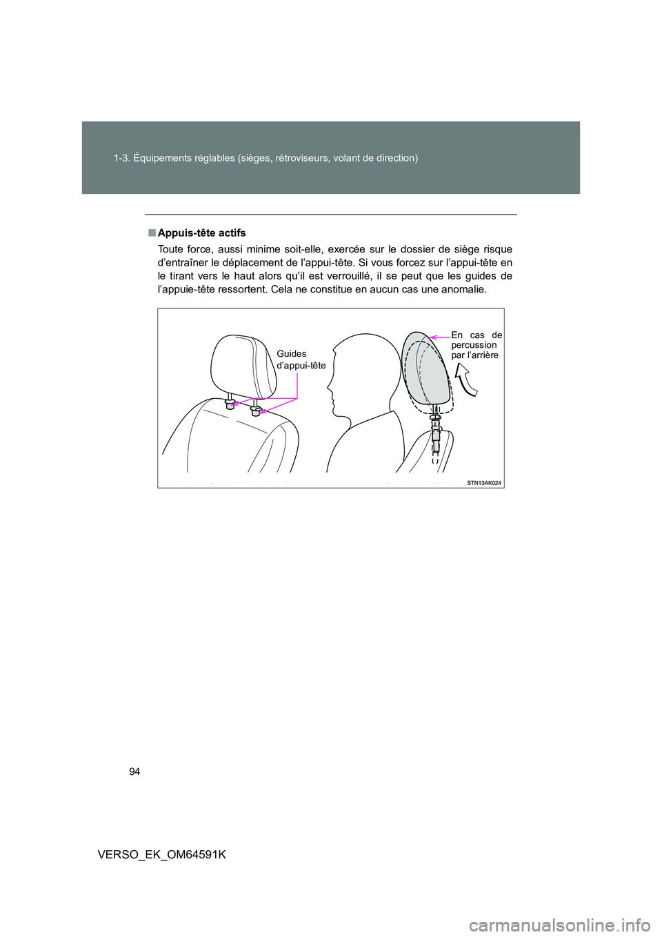 TOYOTA VERSO 2016  Notices Demploi (in French) 94 
1-3. Équipements réglables (sièges, rétroviseurs, volant de direction)
VERSO_EK_OM64591K
■ Appuis-tête actifs 
Toute force, aussi minime soit-elle, exercée sur le dossier de siège risque 